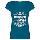Schwester und Tante Geschenk - So Sieht eine richtig Coole Tante aus - M - Türkis - rotes Tshirt mit m - XO1525 - Damen T-Shirt mit V