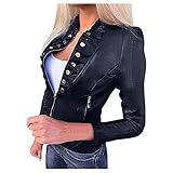 Lederjacke Damen Schwarz Kurz Nieten Bikerjacke Sexy Eng Motorradjacke Rock und Punk Reißverschluss Nieten Leder Jacke Dünn Kurzjacke Vintage Kunstleder Jacke mit Reiß