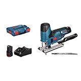 Bosch Professional 12V System Akku Stichsäge GST 12V-70 (Schnitttiefe in Holz: 70 mm, inkl. 2x Sägeblatt, Gleitschuh, Spanreißschutz, 2x 3.0Ah Akkus und Ladegerät, in L-BOXX)