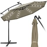 tillvex Alu Ampelschirm LED Solar Ø 300 cm mit Kurbel Braun | Sonnenschirm mit An-/Ausschalter | Gartenschirm UV-Schutz Aluminium | Kurbelschirm mit Ständer Marktschirm w