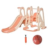 HOMCOM 3 in 1 Spielturm mit Kinder Rutsche Basketballkorb Schaukel Leiter Spielzeug Gartenrutsche Babyrutsch für 18 Monate-5 Jahre für drinnen und draußen sicher PE Rosa+Beige 158 x 117 x 97