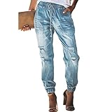 WAEKQIANG Damen Zerrissene Denim Kordelzug Elastische Taille Gewaschen Mode Freizeithose Frauen Mit T