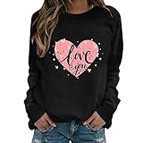 Hekbaep Sweatshirt Damen Frühling Herbst Dünner Pullover Rosa Liebe Herz Muster Love You Druck Oberteile Modisch Süß Langarmhemden Übergroße Lockere Bluse Sportbekleidung Strassenmode (Schwarz, L)