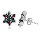 Bohemian Vintage Antique Purple Granat und Green Onyx Floral Ohrstecker in 925 Sterling Silber für Frauen und M