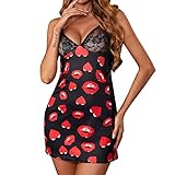 GBEN Damen Spitze Dessous Sexy Tiefer V-Ausschnitt Halfter Negligee Babydoll Valentinstag Herzdruck Unterwäsche Rückenfrei Lingerie Nachtwäsche Sleepwear Loungew