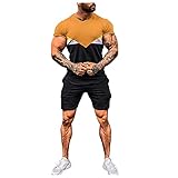 AWDX 2021 Neu Sommer Trainingsanzug Herren,Patchwork Sportbekleidung Für Herren Große Größen Streifen Zweiteiler Jogginganzug Sportanzug Sportklamotten Männer Activewear Outfit KurzäRmelige Shorts S