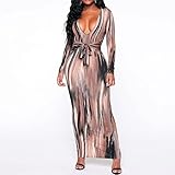 Damen Maxikleid, Kleid mit optischer Täuschung, Straps Langes Kleid Modische Tasche Hüfte Streifen Druckkleid (Braun, L)