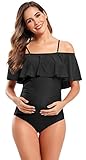 SHEKINI Maternity Einteiliger Badeanzug Damen Rüschen Bandeau Ruched Verstellbarer Bikini Grosse Grössen Umstandsbadeanzug Einteiliger Bikini Schwangerschaft(Large, Schwarz)