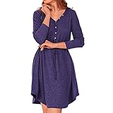 Herbst Und Winter Casual Fashion Damen V-Ausschnitt Einfarbig KnöPfe Langarm SchnüRung Kordelzug Taille Loses Kleid D