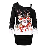 Weihnachten Langarmshirt Damen Weihnachtsdruck Longshirt Oberteile Schulterfrei Tshirt Langarm Shirt Bluse Tunika One Shoulder Pullover Weihnachts Sweatshirt Top