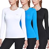 TSLA Damen Kompressions-Langarm-Shirts Cool Dry Baselayer, Damen Jungen Mädchen Unisex, Rundhals-Ausschnitt, 3er-Pack (fud21) – Schwarz/Weiß/Himmelblau, Larg