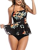 ADOME Bauchkontrolle, Tankini-Badeanzüge für Damen, 2-teiliges Badeanzug-Set, Blumendruck, Rüschen, A-Muster14, X-Larg