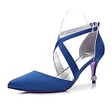 Damen High Heel Pumps Spitze ZehenKreuz Riemchen Niedrig Absatz Abendschuhe für Partei Satin Hochzeitsschuhe Brautschuhe,Blau,42 EU