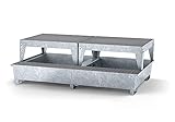 Auffangwanne aus Stahl für 2 IBC, mit Gitterroste und Abfüllbock, verzinkt, 2680 mm x 885 mm x 1650 mm, ÜHP-Zulassung