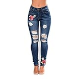 LONGWEI Damen Jeans Slim Fit Stretch Bestickte Blumen Frauen Floral Bedruckte hohe Taille Denim-Hosen 30B