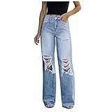 Damen Jeans Denim Hosen Locker Jeanshosen Hoher Bund Gerissen Lange Hose Freizeithose mit Lochdesign Vintage Hose mit weitem B