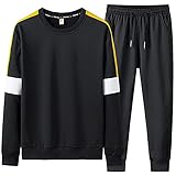 Herren-Trainingsanzug-Set, langärmelig, Rundhalsausschnitt, Patchwork-Sweatshirt, Tops & Sweatpants Outfits, lässige Sportanzüge, Schwarz , L/XL