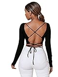 DIDK Damen Rückenfrei Bauchfrei T-Shirts Crop Oberteil Criss-Cross Langarmshirts Rundhals Pullover Schwarz M