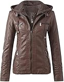 Klassische Damen Kunstleder Kapuzenjacken Zip Up Outwear Eng anliegender,schmaler Mantel (Color : Brown, Size : 7XL)