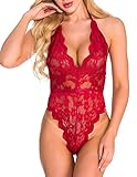 ShinyStar Body Damen Sexy Dessous Spitze Bodysuit Reizwäsche Lingerie Unterwäsche Oberteile Babydoll mit Tiefer V-Ausschnitt Wein Rot S