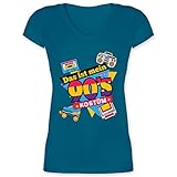 Karneval & Fasching Kostüm Outfit - Das ist Mein 90er Jahre Kostüm - L - Türkis - Damen kostüm - XO1525 - Damen T-Shirt mit V