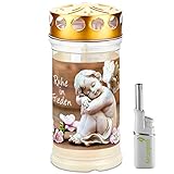 DecoLite: 12 Aeterna Gabkerzen Memoriam mit Motiv & Deckel - Brenndauer 4 Tage & Kerzenprofi Stabfeuerzeug - Motiv (Engel)