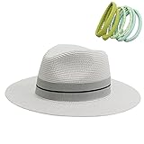 jiaoji Damen Strohhut Panama Hut Tweed Hut Strand Sonnenhut Breite Krempe - Weiß