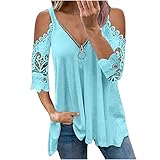 Damen Blusen Sommer Kurzarm Kalte Schulter Sexy V-Ausschnitt Reißverschluss Bluse Tunika Oberteile T-Shirt Tops Lose Spitze Kurze Ärmel Sommerbluse Tuniken Elegant Basic Tshirt Long