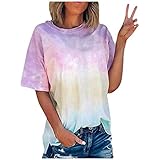 Xniral Damen T-Shirt Tie-Dye Farbverlauf Beiläufig Übergroße Lose Basic Tops Bluse Sport Yoga Shirt Tshirts Rundhals Oberteile(Rosa,XL)