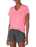 Under Armour Tech Short Sleeve V - Twist, kurzärmliges & atmungsaktives Laufshirt für Frauen, ultraleichtes T-Shirt mit loser Passform Damen, Cerise / Pink Lemonade / Metallic Silver , XL
