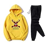 GOKOMO Damen Lässiger Pullover Anzug Weihnachten Kapuzenpullover Jogginghose Rentier Druck Hoodie Jogginganzug Sweatshirt Jogginghose Sportbekleidung Lässiger Pullover Anzug(M,Gelb)