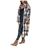 Dwevkeful Trenchcoat Damen Lang Vintage Kariert Mantel Elegant Warm Wintermantel Frauen Oversize Slim Fit Klassische Fleece Mantel Revers Winterjacke übergangsmantel Jacke Outwear mit Knopf Hemdjack