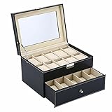 MAFA Uhrenbox 20 Uhren Kasten Speicher Herren Damen mit Glasdeckel schwarz aus PU-Leder Uhren Aufbewahrungsbox