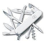 Victorinox Taschenmesser Huntsman mit Wunsch Gravur auf der Klinge I Geschenk für Männer Frauen I zum Geburtstag I Schweizer Taschenmesser personalisiert mit 15 Funktionen 1.3713 (Weiss)