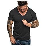 Yowablo T-Shirts/Tops Herren V-Ausschnitt Tasche gestreiftes Muster Casual Fashion Revers Kurzarm Shirt (XL,1Schwarz)