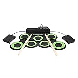 Tragbare elektronische Trommel-Digital USB-7-Pads rollen oben Trommel-Set Silikon Elektrische Drum Pad Kit mit Drumsticks Fußpedal (Color : Green)