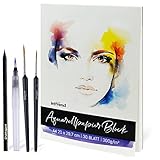 int!rend Aquarellpapier A4 300 g - 30 Seiten Aquarellblock inkl. Wassertankpinsel + 2 Pinsel + Bleistift - Professionelles Watercolor Paper Aquarell & Gouache Mal Block