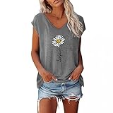 Asija Bluse Damen, Tshirt Damen V Ausschnitt Mit Aufdruck Tunika Damen Sommer Kurzarm/Langarm Longshirt Pusteblume Bedruckte Blumen Tshirts Bluse 2035 Oversized Lose Oberteil Sw