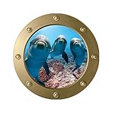 Vosarea 3D Sea Life Wandaufkleber Delfin U Boot Fenster Fliesenaufkleber Unterwasser Welt Fliesensticker Maritim Wandtattoo Bullauge Deko für WC Bade Wohnzimmer S