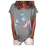 Sommer Damen Kurzarm Rundhals T-Shirt Tops Mode Schmetterling Print O-Neck Tee Tops Einfarbig Oversized Pullover Blause für Damen Frauen Teenager Mädchen Geschenke Gr. 36, g