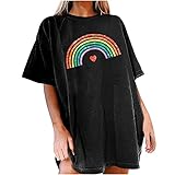 Damen T-Shirt Sommer Kurzarm Oberteile Regenbogen Shirt Rundhals Kurzarm Regenbogen Druck Oberteile Hemd Tops Bluse Grafik Drucken Oberteile Tee Tops Cool Rainbow Streetsw