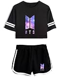 ALTcompluser BTS T-Shirt & Hosen Set Damen, Kpop BTS Pullover Rundhals Kurzarm Crop Top Sommer Sportbekleidung Freizeitkleidung Frauen(S #2)