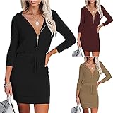 Damen Minikleid Festlich Kleid Pulli Tunika LäSsig Einfarbig ReißVerschluss Langarm Mit Kapuze Taillenkleid Strickkleid Einfarbig Pullover Kleid Herbst Kleid Temp