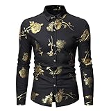 Hemd Herren Revers Bronzieren Rose Drucken Hemd Herren Slim Fit Frühling Herbst Base Hemd Herren Abschlussball Party Leistung Disco Langarm Shirt Herren B-Black XXL