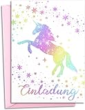 12x GLITZER Einladungskarten Kindergeburtstag mit pastell rosa UMSCHLÄGEN | Verzaubertes Einhorn | Mädchen & Jungen | Regenbogen Einladung Geburtstag Kinder Pferde Geburtstagseinladung Einladung