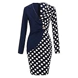 Lazzboy Business Kleid Frauen Langarm Knöpfe Polka Dot Patchwork Bodycon Blazer Arbeitskleid Damen Vintage Rundhalsausschnitt Colorblock Gürtel (Marine,XL)