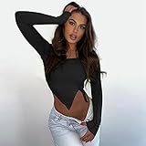 LSJSN Ribber Langarm Cropped Tops Frauen Schrägkragen Unregelmäßige Skinny Wrap T-Shirt Herbstkleidung-Schwarz_S