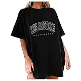 Damen T-Shirt Sommer Kurzarm Grafikdruck Shirt Tunika Oversized Mode Lose Rundhals Buchstaben Longshirt Frauen Vintage Bluse Oberteile Lang Tops für Teenager M