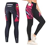 NICEWIN Radlerhose Fahrradhose Damen Lang mit Sitzpolster 4D Gepolsterte Radhose Atmungsaktiv Schnell Trocknend stoßfeste Elastisch Hosen,M,Schwarz/R