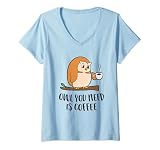 Damen Kaffee-Eule You Need Is Coffee Lustige Eule Kaffeeliebhaber T-Shirt mit V